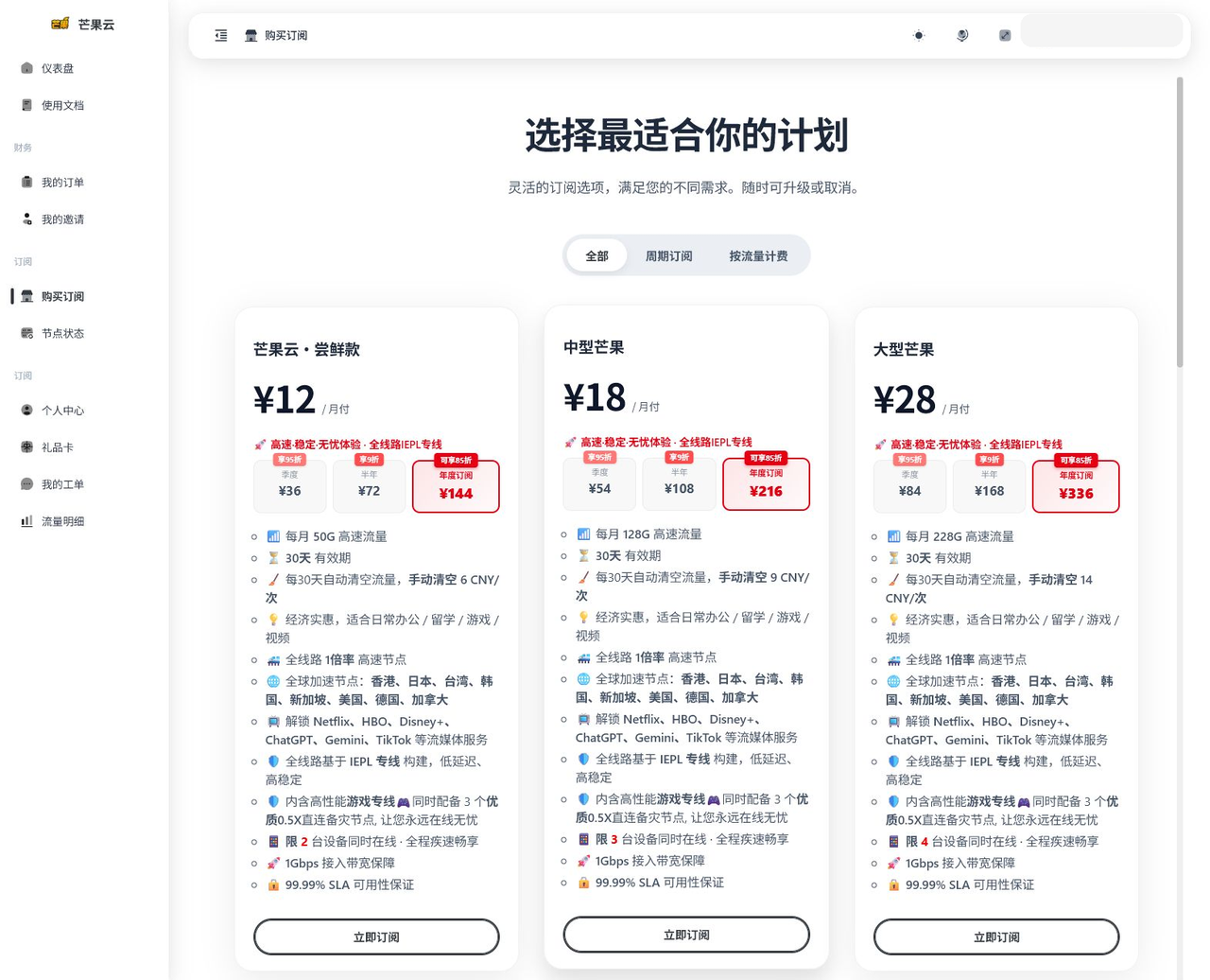 套餐列表页面